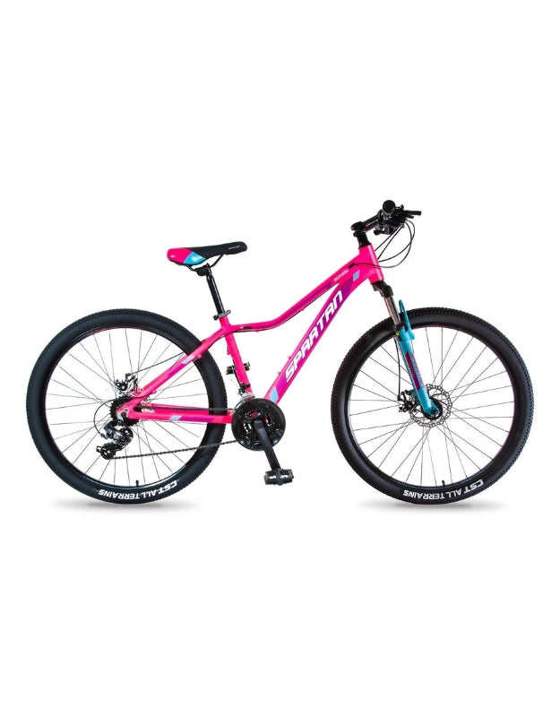 Spartan 27.5-inch Moraine MTB in alloy pink with black saddle and blue front fork, side view.